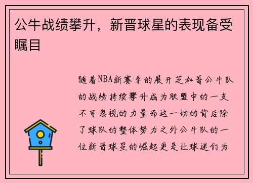 公牛战绩攀升，新晋球星的表现备受瞩目
